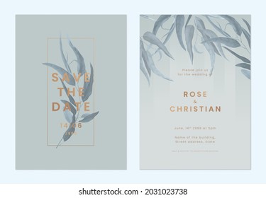 Foliage wedding invitation card template design, eucalyptus leaves in blue tone