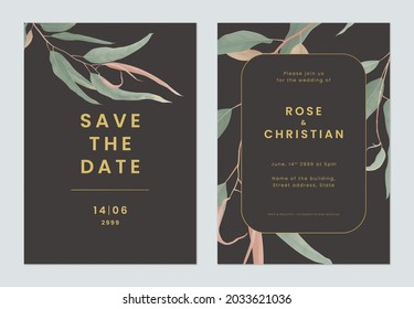 Foliage wedding invitation card template design, green eucalyptus leaves on dark grey