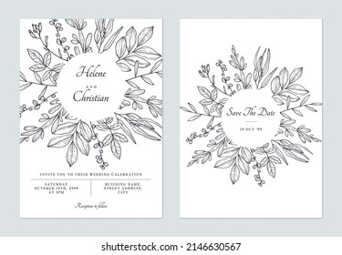 Foliage wedding invitation card template design, various hand drawn leaves on white