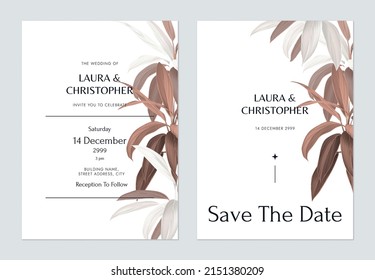 Foliage wedding invitation card template design, brown cordyline fruticosa firebrand plant on white