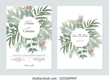 Foliage diseño de la plantilla de la tarjeta de invitación de boda, varias hojas verdes sobre blanco