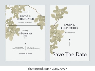 Foliage diseño de la plantilla de la tarjeta de invitación a boda, hojas de lignum verde en gris
