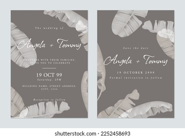 Foliage wedding invitation card template design, banana leaves on grey