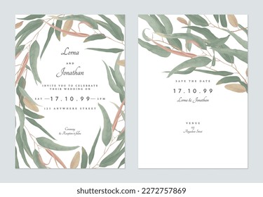 Foliage wedding invitation card template design, eucalyptus leaves on white