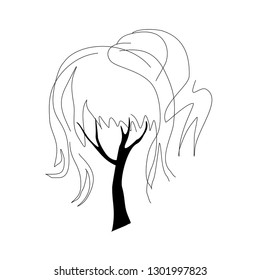 Foliage willow in the form of hairstyle bangs with a tail. Vector black and white drawing of a tree with foliage in the form of hair. The crown of the tree in the form of hair.