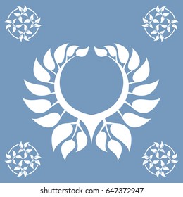 Foliate element. Deciduous ornament. White abstract wreath on a blue background. 