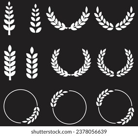 Foliate laurels branches set isolated on black background