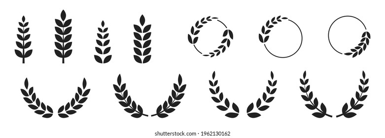 Foliate laurels branches set. Vector illustration. Black circular laurel wreath collection. White background.