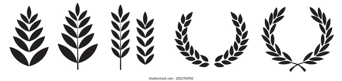 Foliate laurels branches set. Vector illustration. Black circular laurel wreath collection.