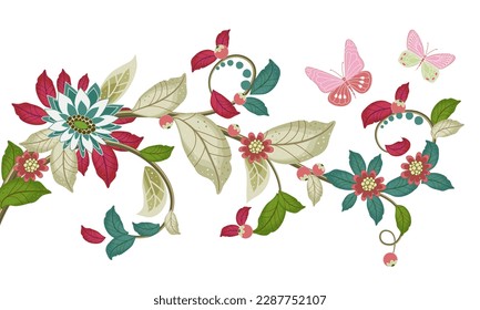 patrón foliado con flores, hojas y mariposas. elemento giratorio floral para su diseño