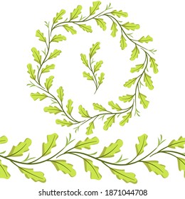 Foliate seamless brush, border with green oak leaves for greeting cards, invitations, posters, banners.