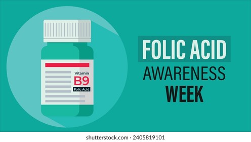 Folic acid awareness week banner. Vitamin B9 isolated with long shadow. Supplement helps prevent child birth defects.