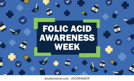 Diseño de Anuncio de Vector de la Semana de Concienciación sobre Ácido Fólico con Formas geométricas y colores vibrantes sobre un fondo Horizontal.