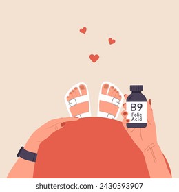 Folic acid. Female hand holding vitamin B9. Top view of pregnancy belly. Risk reducing. Woman taking vitamins for baby health. Supplements for pregnant. Vector illustration in flat cartoon style.