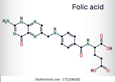 Folic acid, folate molecule. It is known as vitamin B9. Skeletal chemical formula. Vector illustration 