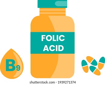 Folic acid, vitamin B9 capsules. Vector flat illustration.