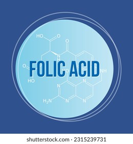 Folic acid, vitamin b9, round icon with formula, blue background, vector medical illustration