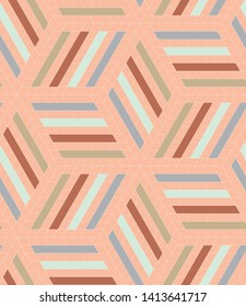 Folk 3d Isometric Diamond Grid Seamless Repeat Vector Pattern.  Peach and desert colors