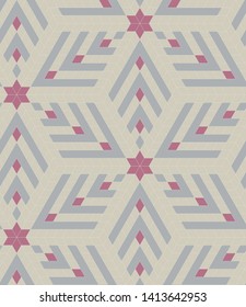 Folk 3d Isometric Diamond Grid Seamless Repeat Vector Pattern.  Faded pink and gray