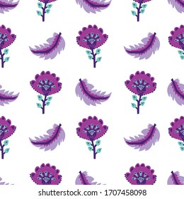 Folk 60s gypsy floral with feathers on white background. Great for home decor, wrapping, scrapbooking, wallpaper, gift, kids. 