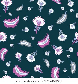Folk 60s gypsy floral with feathers on purple background. Great for home decor, wrapping, scrapbooking, wallpaper, gift, kids. 