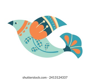 Folk Abstract Bird with Ornament and Decor Vector Illustration