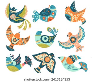 Folk Abstract Bird with Ornament and Decor Vector Illustration Set