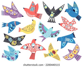 Folk abstract birds. Modern styled bird decorative elements. Swedish scandinavian dove decorated flowers and branches. Decent vector flying silhouettes design