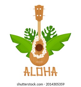 Folk acoustic ukulele in cartoon style from wood with tropical flowers isolated on white background. Aloha text from Hawaiian Hello.