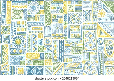 Folk african vector seamless pattern. Dress textile print design. African or polynesian ethnic tribal hand drawn swatch. Vintage doodle patchwork. Zigzag line rhombus elements texture.