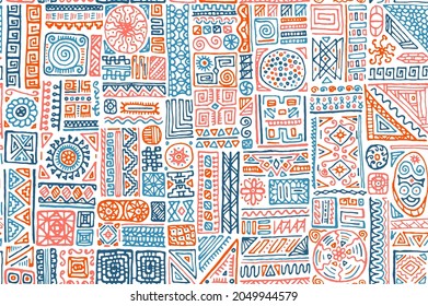 Folk African Vector Seamless Pattern. Cloth Textile Print Design. African Or Mexican Ethnic Tribal Hand Drawn Swatch. Abstract Doodle Patchwork. Bohemian Style Pattern.