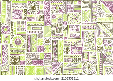 Folk african vector seamless pattern. Fashion fabric print design. Freehand geometric ethnic tribal bali swatch. Chic doodle patchwork. Bohemian style pattern.