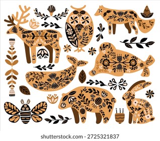 Ilustración vectorial de animales y flores de Folk, adornos botánicos escandinavos, colección de Elementos decorativos rústicos florales