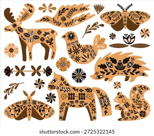 Ilustración vectorial de animales y flores de Folk, adornos botánicos escandinavos, colección de Elementos decorativos rústicos florales