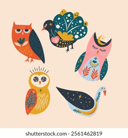 Folk Art Animal Bird Design Element