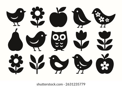 Folk Art Animal e Nature Icon Set - Silhueta Preta Vetor de Aves, Flores, Frutas e Folhas