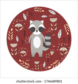 Folk art animal in scandinavian style stock vector illustration. Tribal nordic round card with detailed raccoon and floral decoration. bright, fashion ornament, print