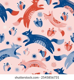 Folk Art Animal Seamless Pattern