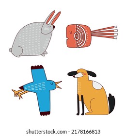 Folk art animals hand drawn flat illustration. Vector animals in scandinavian style isolated on white background for children print.