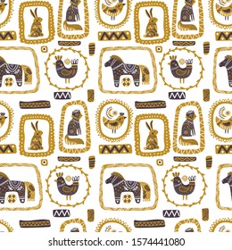 Folk art animals in Scandinavian style seamless pattern. Nordic background with fox, hare, horse, birds ornament. Forest folklore vector illustration. For wrapping paper, wallpaper, textile design