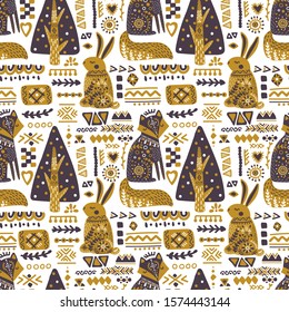 Folk art animals in Scandinavian style seamless pattern. Nordic background with fox, hare and forest trees ornament. Folklore vector illustration. Perfect for wrapping paper, wallpaper, textile design