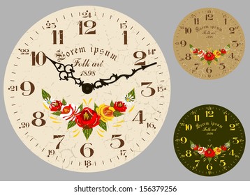 Folk Art. Antique wall clock, set the dial and hands. Stylized hand-painted oil. 
