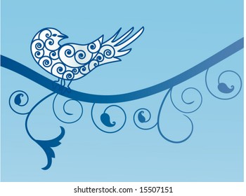 folk art bird with coils on vine