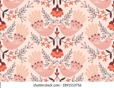 Folk art bird couple symmetrical vector seamless pattern Love fair wedding birds kiss floral rural ornamental background for romantic design