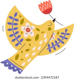 Ave De Arte Popular Con Ilustración De Vector De Flores