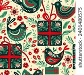 Folk Art Bird and Gift Box Ethnic Holiday Christmas Vector Seamless Pattern Naive Motif