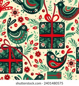 Folk Art Bird and Gift Box Ethnic Holiday Christmas Vector Seamless Pattern Naive Motif