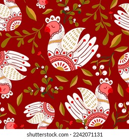 Folk Art Birds in Red Vector Seamless Pattern