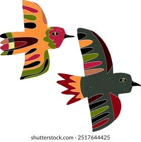 Folk art birds. Set of fantasy elements vector