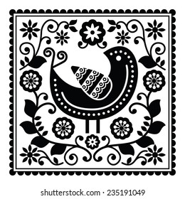 Folk art black pattern with bird and flowers